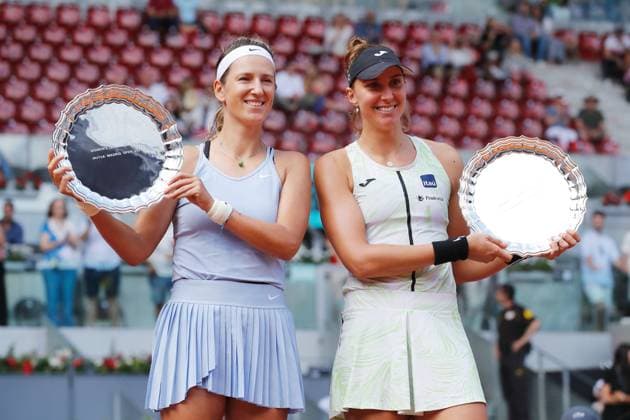 (L-R) Victoria Azarenka (BLR), Beatriz Haddad Maia (BRA), , MAY 7, 2023 - Tennis : Haddad Maia and Azarenka with the winner s plate on the podium after winning doubles final match against Coco Gauff and Jessica Pegula on the WTA, Tennis Damen 1000 tournaments Mutua Madrid Open tennis tournament at the Caja Magica in Madrid, Spain. Noxthirdxpartyxsales  (217897582)