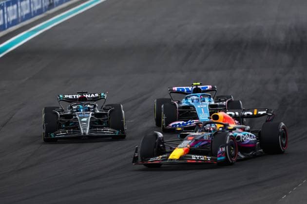 1 Max Verstappen NLD, Oracle Red Bull Racing , 63 George Russell GBR, Mercedes AMG Petronas F1 Team , 10 Pierre Gasly FRA, BWT Alpine F1 Team , F1 Grand Prix of Miami at Miami International Autodrome on May 7, 2023 in Miami, United States of America Photo by HOCH ZWEI Miami United States of America