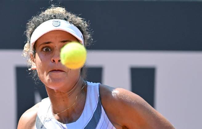 May 9, 2023, Rome, Italy: Mayar Sherif of Egypt in action during her women s singles first round match against Anna Blinkova of Russia at the Italian Open tennis tournament in Rome. Rome Italy - ZUMAa110 20230509_zaf_a110_002 Copyright: xEttorexFerrarix