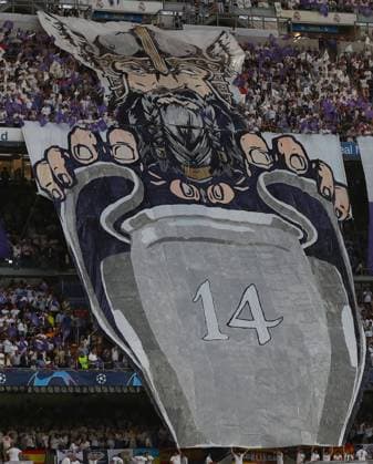 Mandatory Credit: Photo by Kieran McManus Shutterstock (13896076dy) Real Madrid fans unveil a banner celebrating their 14 European Cups Real Madrid v Manchester City, UEFA Champions League, Semi Final, First Leg, Football, Santiago Bernabeu Stadium, Madrid, Spain - 09 May 2023 EDITORIAL USE ONLY No use with unauthorised audio, video, data, fixture lists, club league logos or live services. Online in-match use limited to 120 images, no video emulation. No use in betting, games or single club league player publications. Real Madrid v Manchester City, UEFA Champions League, Semi Final, First Leg, Football, Santiago Bernabeu Stadium, Madrid, Spain - 09 May 2023 EDITORIAL USE ONLY No use with unauthorised audio, video, data, fixture lists, club league logos or live services. Online in-match use limited to 120 images, no video emulation. No use in betting, games or single club league player publications. Copyright: xKieranxMcManus Shutterstockx 13896076dy