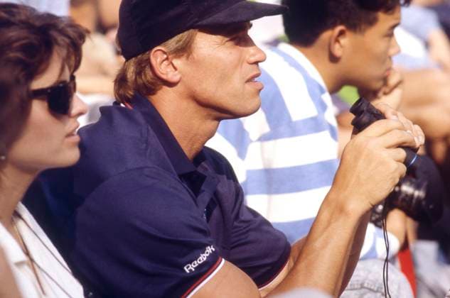 Seoul, South Korea. Hollywood actor Arnold Schwarzenegger and his wife American TV journalist Maria Shriver watch the shot put competition during the 1988 Summer Olympics at the Jamsil Olympic Stadium. Robert Maximov TASS  58801057
