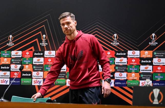 May 10, 2023, Rome: Leverkusens head coach Xavi Alonso, during a press conference, PK, Pressekonferenz prior to the Europa League Semi-Final soccer match between AS Roma and Bayern Leverkusen scheduled for tomorrow at the Olimpico Stadium in Rome, Italy, 10 May 2023. ANSA RICCARDO ANTIMIANI Europa League - Bayer Leverkusen press conference  - ZUMAa110 20230510_zaf_a110_082 Copyright: xRiccardoxAntimianix