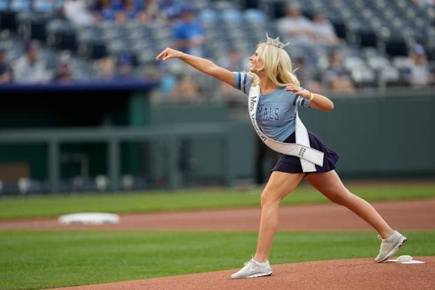MAY 10, 2023: Miss Missouri Mikala McGhee throws out the first pitch at Kauffman Stadium Kansas City, Missouri. CSM. Kansas City United States - ZUMAc04_ 20230510_zaf_c04_056 Copyright: xJonxRobichaudx