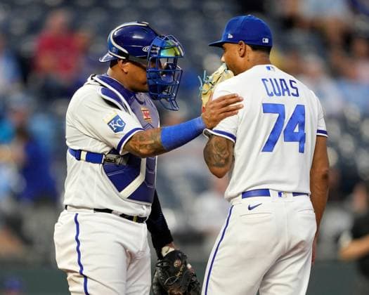 MAY 10, 2023: Kansas City Royals catcher Salvador Perez (13) offer encouragement to Kansas City Royals relief pitcher Jose Cuas (74) at Kauffman Stadium Kansas City, Missouri. CSM. Kansas City United States - ZUMAc04_ 20230510_zaf_c04_085 Copyright: xJonxRobichaudx