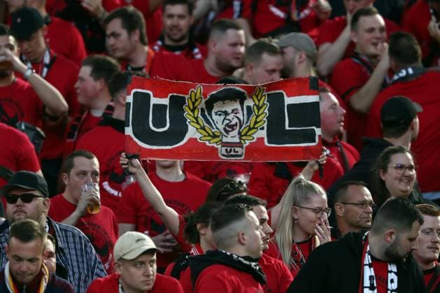 Rome, Italy 11.05.2023: Leverkusen supporters on the stand in the UEFA EUROPA LEAGUE 2022 2023, semifinal football match AS Roma vs Bayer 04 Leverkusen at Olympic stadium in Rome, Italy.  Copyright: xmarcoxiacobuccix xipa-agency.netx xmarcoxiacobuccix 0 IPA_IPA37876584