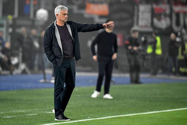 Jose Mourinho coach of AS Roma gestures during the Europa League football match between AS Roma and Bayer Leverkusen at Olimpico stadium in Rome (Italy), May 11th, 2023. andreaxstaccioli