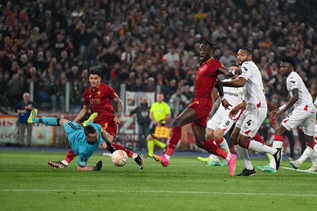 AS RomaÃ¢& x80;& x99;s Tammy Abraham in action during semifinal Europe League soccer match between AS Roma vs. Bayern Leverkusen at the Olimpico stadium in Rome, Italy, 11th of May 2023  Copyright: xVinnyxOrlando LiveMediax xipa-agx xLivexMediax 0 IPA_IPA37877008