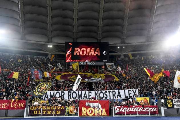AS Roma fans show a choreography during the Europa League football match between AS Roma and Bayer Leverkusen at Olimpico stadium in Rome (Italy), May 11th, 2023. andreaxstaccioli