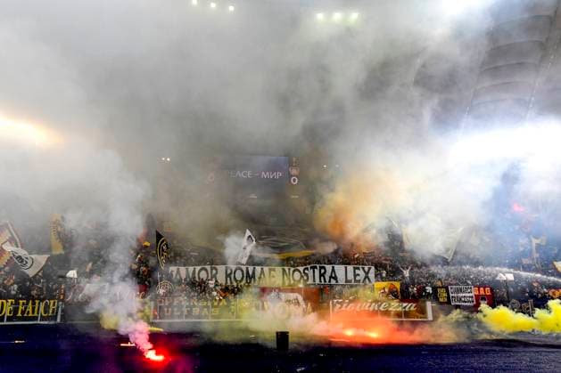 AS Roma fans light smoke bombs and flares during the Europa League football match between AS Roma and Bayer Leverkusen at Olimpico stadium in Rome (Italy), May 11th, 2023. andreaxstaccioli