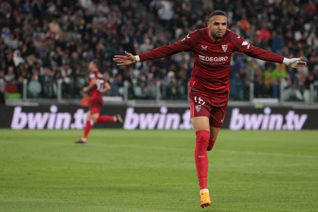 Sport Bilder des Tages Turin, Italy, 11th May 2023. Youssef En-Nesyri of Sevilla celebrates after scoring to give the side a 1-0 lead during the UEFA Europa League match at Allianz Stadium, Turin. Picture credit should read: Jonathan Moscrop Sportimage EDITORIAL USE ONLY. No use with unauthorised audio, video, data, fixture lists, club league logos or live services. Online in-match use limited to 120 images, no video emulation. No use in betting, games or single club league player publications. SPI-2435-0008