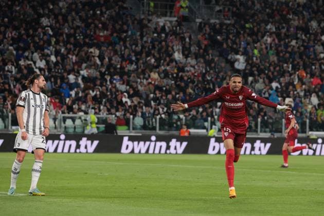 Turin, Italy, 11th May 2023. Youssef En-Nesyri of Sevilla celebrates after scoring to give the side a 1-0 lead during the UEFA Europa League match at Allianz Stadium, Turin. Picture credit should read: Jonathan Moscrop Sportimage EDITORIAL USE ONLY. No use with unauthorised audio, video, data, fixture lists, club league logos or live services. Online in-match use limited to 120 images, no video emulation. No use in betting, games or single club league player publications. SPI-2435-0009