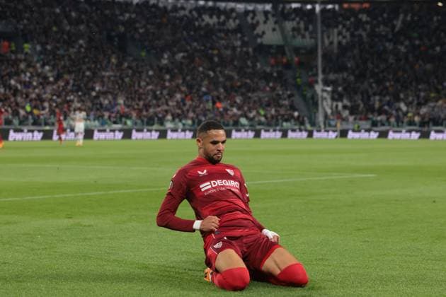 Turin, Italy, 11th May 2023. Youssef En-Nesyri of Sevilla celebrates after scoring to give the side a 1-0 lead during the UEFA Europa League match at Allianz Stadium, Turin. Picture credit should read: Jonathan Moscrop Sportimage EDITORIAL USE ONLY. No use with unauthorised audio, video, data, fixture lists, club league logos or live services. Online in-match use limited to 120 images, no video emulation. No use in betting, games or single club league player publications. SPI-2435-0011