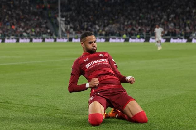 Turin, Italy, 11th May 2023. Youssef En-Nesyri of Sevilla celebrates after scoring to give the side a 1-0 lead during the UEFA Europa League match at Allianz Stadium, Turin. Picture credit should read: Jonathan Moscrop Sportimage EDITORIAL USE ONLY. No use with unauthorised audio, video, data, fixture lists, club league logos or live services. Online in-match use limited to 120 images, no video emulation. No use in betting, games or single club league player publications. SPI-2435-0013