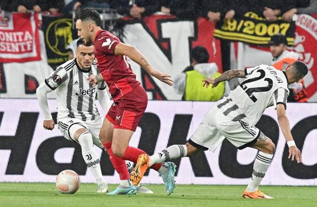 May 11, 2023, TURIN: Juventus Angel Di Maria, Filip Kostic and Sevilla sLucas Ocampos in action during the first leg semifinals of the UEFA Europa League soccer match Juventus FC vs Sevilla FC at the Allianz Stadium in Turin, Italy, 11 May 2023 ANSA ALESSANDRO DI MARCO Uefa Europa League: Juventus-Sevilla  - ZUMAa110 20230511_zaf_a110_127 Copyright: xAlessandroxDixMarcox