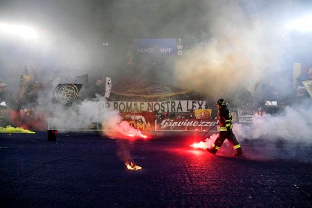 May 11, 2023, Rome: Flairs thrown on the pitch by supporters of Roma during the Europa League semi-final first leg soccer match between AS Roma and Bayer Leverkusen at the Olimpico stadium in Rome, Italy, 11 May 2023. ANSA RICCARDO ANTIMIANI Soccer: Europa League; Roma vs Bayer Leverkusen  - ZUMAa110 20230511_zaf_a110_135 Copyright: xRiccardoxAntimianix