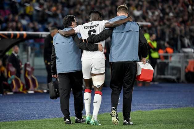 Odilon Kossounou of Bayer Leverkusen leaves the pitch injured during the Europa League football match between AS Roma and Bayer Leverkusen at Olimpico stadium in Rome (Italy), May 11th, 2023. andreaxstaccioli