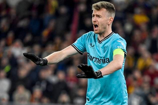 Lukas Hradecky of Bayer Leverkusen gestures during the Europa League football match between AS Roma and Bayer Leverkusen at Olimpico stadium in Rome (Italy), May 11th, 2023. andreaxstaccioli
