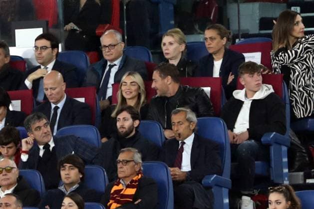Rome, Italy 11.05.2023: Francesco Totti and Noemi Bocchi, son Cristian on the stand during the UEFA EUROPA LEAGUE 2022 2023, semifinal football match AS Roma vs Bayer 04 Leverkusen at Olympic stadium in Rome, Italy.  Copyright: xmarcoxiacobuccix xipa-agency.netx xmarcoxiacobuccix 0 IPA_IPA37877471