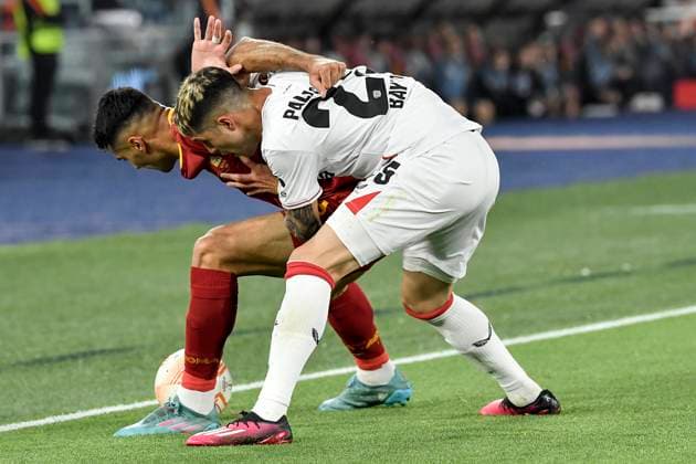 Mehmet Zeki Celik of AS Roma and Exequiel Palacios of Bayer Leverkusen compete for the ball during the Europa League football match between AS Roma and Bayer Leverkusen at Olimpico stadium in Rome (Italy), May 11th, 2023. andreaxstaccioli
