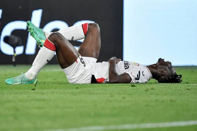 Odilon Kossounou of Bayer Leverkusen injured on the ground during the Europa League football match between AS Roma and Bayer Leverkusen at Olimpico stadium in Rome (Italy), May 11th, 2023. andreaxstaccioli