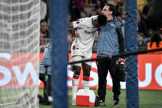 Odilon Kossounou of Bayer Leverkusen leaves the pitch injured during the Europa League football match between AS Roma and Bayer Leverkusen at Olimpico stadium in Rome (Italy), May 11th, 2023. andreaxstaccioli