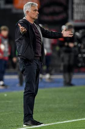 Jose Mourinho coach of AS Roma reacts during the Europa League football match between AS Roma and Bayer Leverkusen at Olimpico stadium in Rome (Italy), May 11th, 2023. andreaxstaccioli