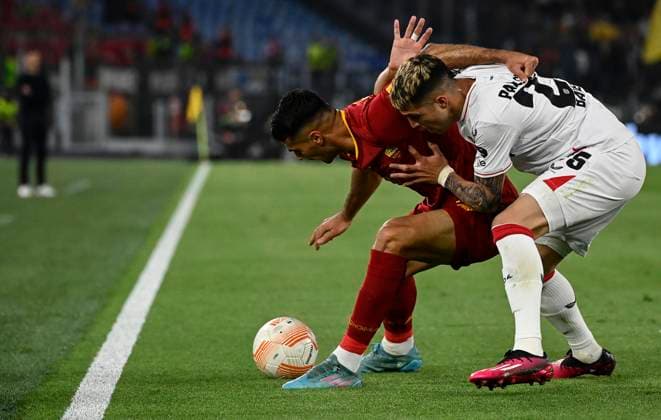 May 11, 2023, Rome: Romas Zeki Celik (L) in action against Leverkusen s Exequiel Palacios (R) during the Europa League semi-final first leg soccer match between AS Roma and Bayer Leverkusen at the Olimpico stadium in Rome, Italy, 11 May 2023. ANSA RICCARDO ANTIMIANI Soccer: Europa League; Roma vs Bayer Leverkusen  - ZUMAa110 20230511_zaf_a110_142 Copyright: xRiccardoxAntimianix