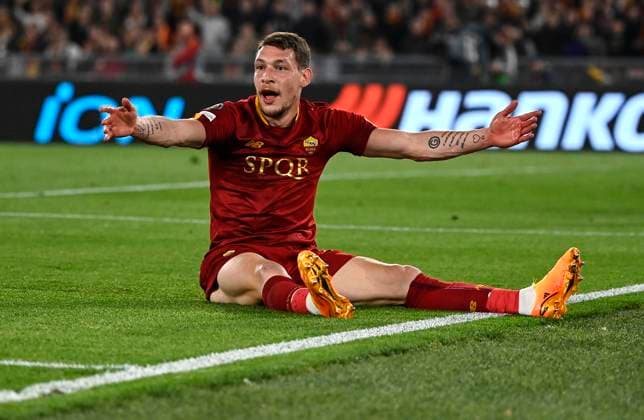 May 11, 2023, Rome: Romas Andrea Belotti on the ground during the Europa League semi-final first leg soccer match between AS Roma and Bayer Leverkusen at the Olimpico stadium in Rome, Italy, 11 May 2023. ANSA RICCARDO ANTIMIANI Soccer: Europa League; Roma vs Bayer Leverkusen  - ZUMAa110 20230511_zaf_a110_143 Copyright: xRiccardoxAntimianix