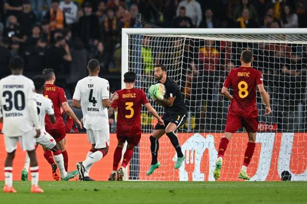 AS RomaÃ¢& x80;& x99;s Rui Patricio blocking the ball during semifinal Europe League soccer match between AS Roma vs. Bayern Leverkusen at the Olimpico stadium in Rome, Italy, 11th of May 2023  Copyright: xVinnyxOrlando LiveMediax xipa-agx xLivexMediax 0 IPA_IPA37877871