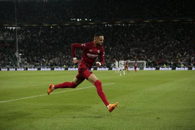 football Europa League match - Semifinal - Juventus FC vs Sevilla FC Youssef En-Nesyri of Sevilla Fc celebrating after a goal during the Uefa Europa League semi-final, first leg, football match between Juventus Fc and Sevilla Fc on 11 May 2023 at Allianz Stadium, Turin, Italy. Photo Nderim Kaceli Turin Allianz Stadium Italy Copyright: xNderimxKacelix xLiveMediax LPS_935259