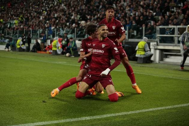 football Europa League match - Semifinal - Juventus FC vs Sevilla FC Youssef En-Nesyri of Sevilla Fc celebrating after a goal during the Uefa Europa League semi-final, first leg, football match between Juventus Fc and Sevilla Fc on 11 May 2023 at Allianz Stadium, Turin, Italy. Photo Nderim Kaceli Turin Allianz Stadium Italy Copyright: xNderimxKacelix xLiveMediax LPS_935267