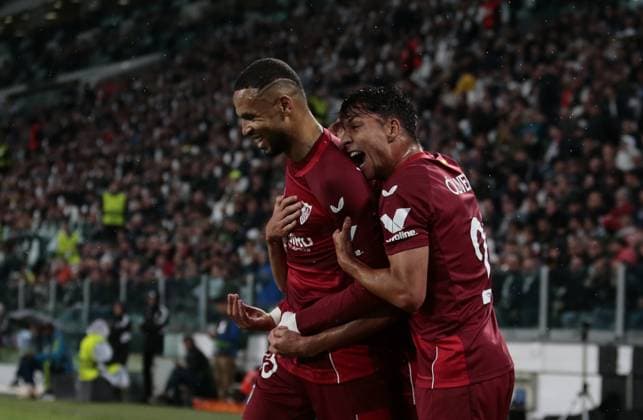 football Europa League match - Semifinal - Juventus FC vs Sevilla FC Youssef En-Nesyri of Sevilla Fc celebrating after a goal during the Uefa Europa League semi-final, first leg, football match between Juventus Fc and Sevilla Fc on 11 May 2023 at Allianz Stadium, Turin, Italy. Photo Nderim Kaceli Turin Allianz Stadium Italy Copyright: xNderimxKacelix xLiveMediax LPS_935272