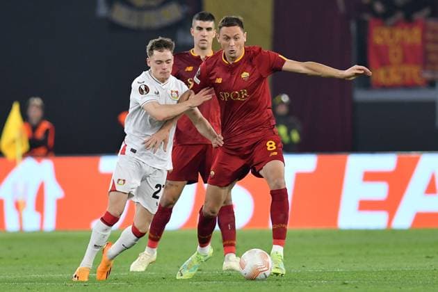 Europa League Roma v Bayer Leverkusen Adam Hlozek of Bayer Leverkusen,Nemanja Matic of AS Roma during football Europa League Roma v Bayer Leverkusen on May 11st, 2023 in Olympic stadium Rome, Italy. Imago-Images Emmefoto Copyright: xImago-Images Emmefotox