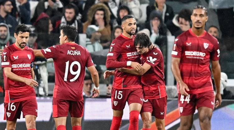 May 11, 2023, TURIN: Sevilla s Youssef En Nasyri jubilates after scoring the gol (0-1) during the first leg semifinals of the UEFA Europa League soccer match Juventus FC vs Sevilla FC at the Allianz Stadium in Turin, Italy, 11 May 2023 ANSA ALESSANDRO DI MARCO Uefa Europa League: Juventus-Sevilla  - ZUMAa110 20230511_zaf_a110_157 Copyright: xAlessandroxDixMarcox