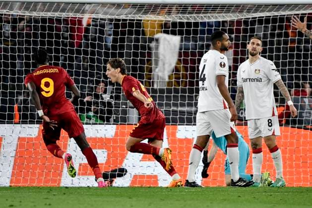Edoardo Bove of AS Roma (2l) celebrates after scoring the goal of 1-0 during the Europa League football match between AS Roma and Bayer Leverkusen at Olimpico stadium in Rome (Italy), May 11th, 2023. andreaxstaccioli