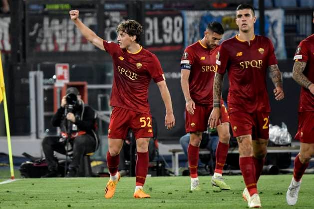 Edoardo Bove of AS Roma (l) celebrates after scoring the goal of 1-0 during the Europa League football match between AS Roma and Bayer Leverkusen at Olimpico stadium in Rome (Italy), May 11th, 2023. andreaxstaccioli