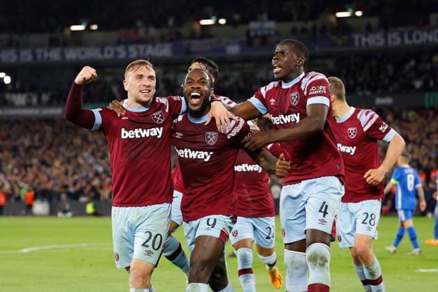 Sport Themen der Woche KW19 Sport Bilder des Tages London, England, May 11th 2023: Michail Antonio (9 West Ham United) celebrates after scoring his team s second goal with teammates during the UEFA Europa Conference League semi-final football match between West Ham United and AZ Alkmaar at the London Stadium in London, England. (James Whitehead SPP)  Copyright: xJamesxWhiteheadx xSPPx spp-en-JaWhSp-WHUvAZ089
