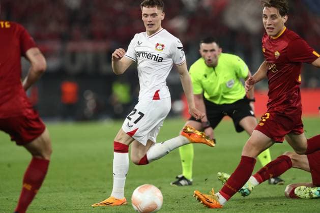 Rome, Italy 11.05.2023: Florian Wirtz of Leverkusen, Edoardo Bove of Roma in action during the UEFA EUROPA LEAGUE 2022 2023, semifinal football match AS Roma vs Bayer 04 Leverkusen at Olympic stadium in Rome, Italy.  Copyright: xmarcoxiacobuccix xipa-agency.netx xmarcoxiacobuccix 0 IPA_IPA37878223