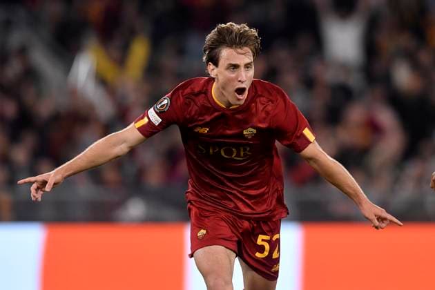 Edoardo Bove of AS Roma celebrates after scoring the gol of 1-0 during the Europa League football match between AS Roma and Bayer Leverkusen at Olimpico stadium in Rome (Italy), May 11th, 2023. antoniettaxbaldassarre