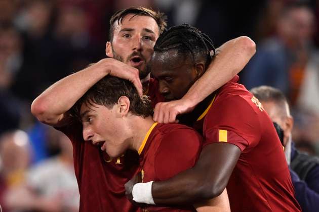 Edoardo Bove of AS Roma celebrates with Tammy Abraham and Bryan Cristante after scoring the gol of 1-0 during the Europa League football match between AS Roma and Bayer Leverkusen at Olimpico stadium in Rome (Italy), May 11th, 2023. antoniettaxbaldassarre