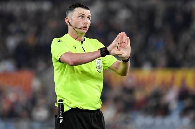 Referee Michael Oliver of Great Britain gestures during the Europa League football match between AS Roma and Bayer Leverkusen at Olimpico stadium in Rome (Italy), May 11th, 2023. andreaxstaccioli