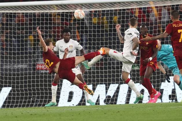 Rome, Italy 11.05.2023: Edoardo Bove of Roma, Exaquiel Palacios of Leverkusen in action during the UEFA EUROPA LEAGUE 2022 2023, semifinal football match AS Roma vs Bayer 04 Leverkusen at Olympic stadium in Rome, Italy.  Copyright: xmarcoxiacobuccix xipa-agency.netx xmarcoxiacobuccix 0 IPA_IPA37878402
