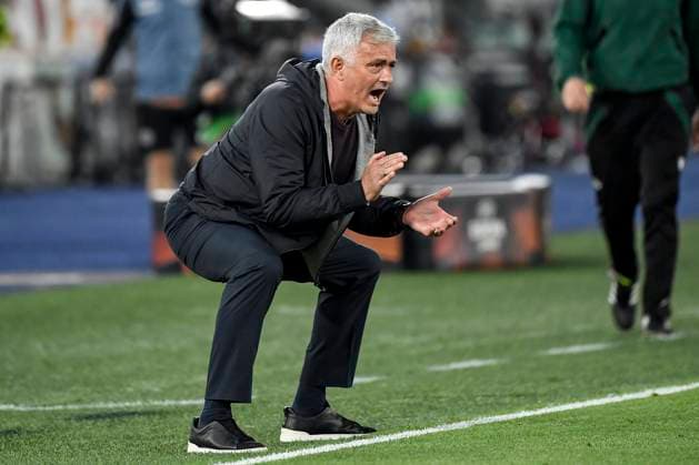 Jose Mourinho coach of AS Roma reacts during the Europa League football match between AS Roma and Bayer Leverkusen at Olimpico stadium in Rome (Italy), May 11th, 2023. andreaxstaccioli
