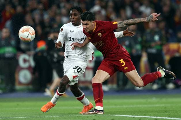 Rome, Italy 11.05.2023: Jeremie Frimpong of Leverkusen, Roger Ibanez of Roma in action during the UEFA EUROPA LEAGUE 2022 2023, semifinal football match AS Roma vs Bayer 04 Leverkusen at Olympic stadium in Rome, Italy.  Copyright: xmarcoxiacobuccix xipa-agency.netx xmarcoxiacobuccix 0 IPA_IPA37878407