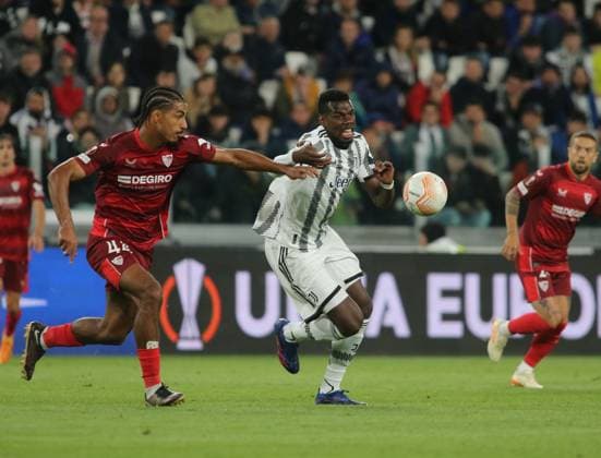 football Europa League match - Semifinal - Juventus FC vs Sevilla FC Paul Pogba of Juventus Loic Bade of Sevilla Fc during the Uefa Europa League semi-final, first leg, football match between Juventus Fc and Sevilla Fc on 11 May 2023 at Allianz Stadium, Turin, Italy. Photo Nderim Kaceli Turin Allianz Stadium Italy Copyright: xNderimxKacelix xLiveMediax LPS_935449