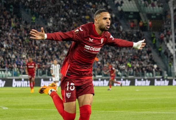 Sevilla Youssef En-Nesyri celebrate during Semifinal - Juventus FC vs Sevilla FC, football Europa League match in Turin, Italy, May 11 2023  Copyright: xNicolasxMorassutti LiveMediax xix xLivexMediax 0 IPA_IPA37879238