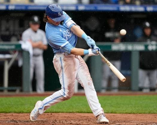 MAY 11, 2023: Kansas City Royals shortstop Bobby Witt Jr. (7) drives a pitch to right field at Kauffman Stadium Kansas City, Missouri. CSM. Kansas City United States - ZUMAc04_ 20230511_zaf_c04_015 Copyright: xJonxRobichaudx