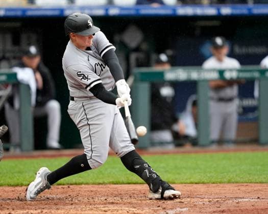 MAY 11, 2023: Chicago White Sox first baseman Andrew Vaughn (25) drives in a run at Kauffman Stadium Kansas City, Missouri. CSM. Kansas City United States - ZUMAc04_ 20230511_zaf_c04_014 Copyright: xJonxRobichaudx