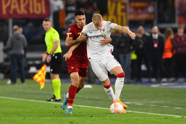 AS Roma v Bayer 04 Leverkusen: Semi-Final First Leg - UEFA Europa League Mitchel Bakker of Bayer 04 Leverkusen and Mehmet Celik of A.S. Roma during the first leg of the Semi-final of the UEFA Europa League between A.S. Roma vs Bayer 04 Leverkusen on May 11, 2023 at the Stadio Olimpico in Rome. Rome Italy Italy  Copyright: xDomenicoxCippitellix originalFilename:cippitelli-asromavs230511_npC9x.jpg