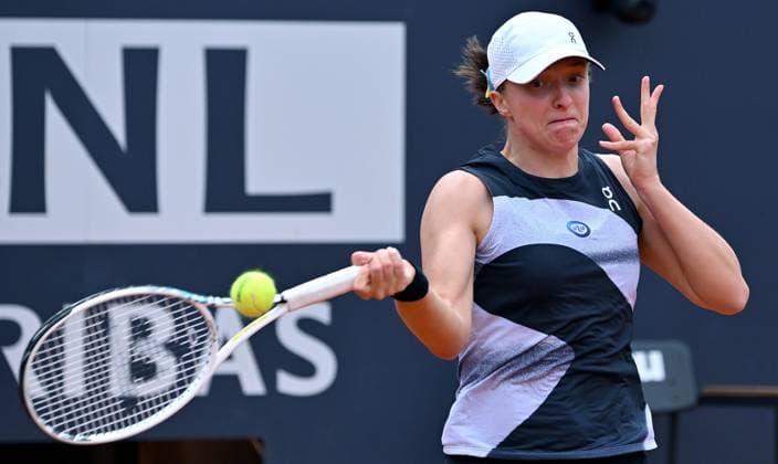 May 12, 2023, ROME: Iga Swiatek of Poland in action during her women s singles second round match against Anastasia Pavlyuchenkova of Russia (not pictured) at the Italian Open tennis tournament in Rome, Italy, 12 May 2023. ANSA ETTORE FERRARI ROME - ZUMAa110 20230512_zaf_a110_062 Copyright: xEttorexFerrarix